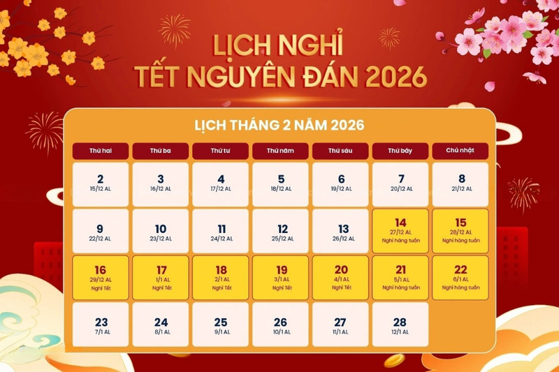 Lịch nghỉ Tết Nguyên đán Bính Ngọ 2026 