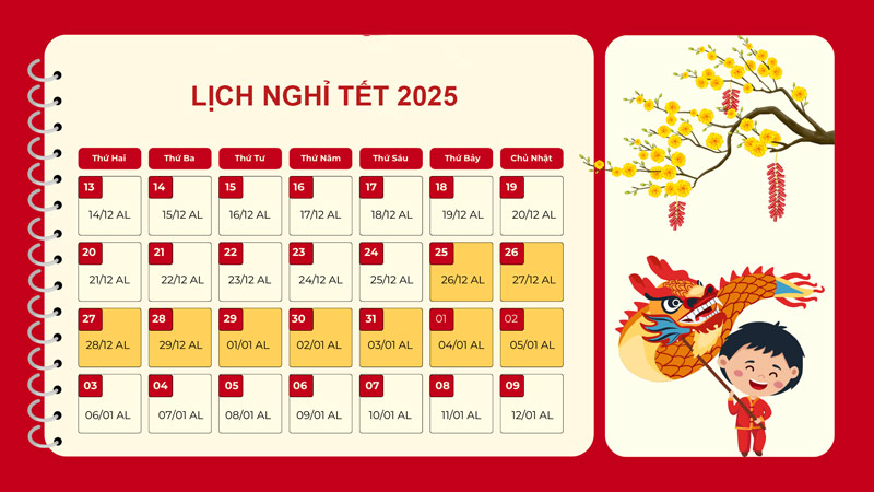 Năm 2025 được nghỉ tết từ ngày 25/1/2025 - 2/2/2025 dương lịch